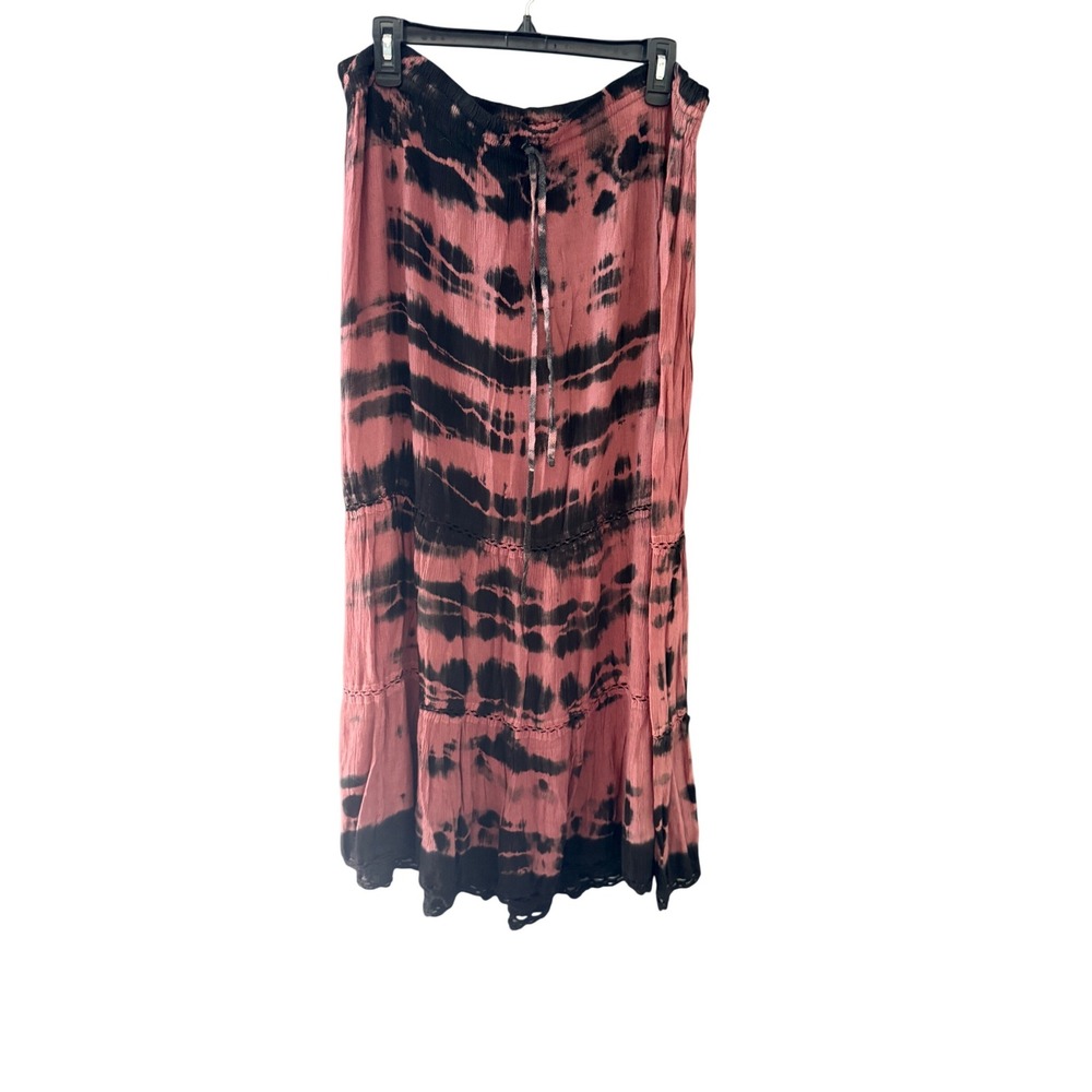 Mauve Black Tie Dye Tiered Maxi Skirt Viscose Boho Lace Trim Free‎ Size India